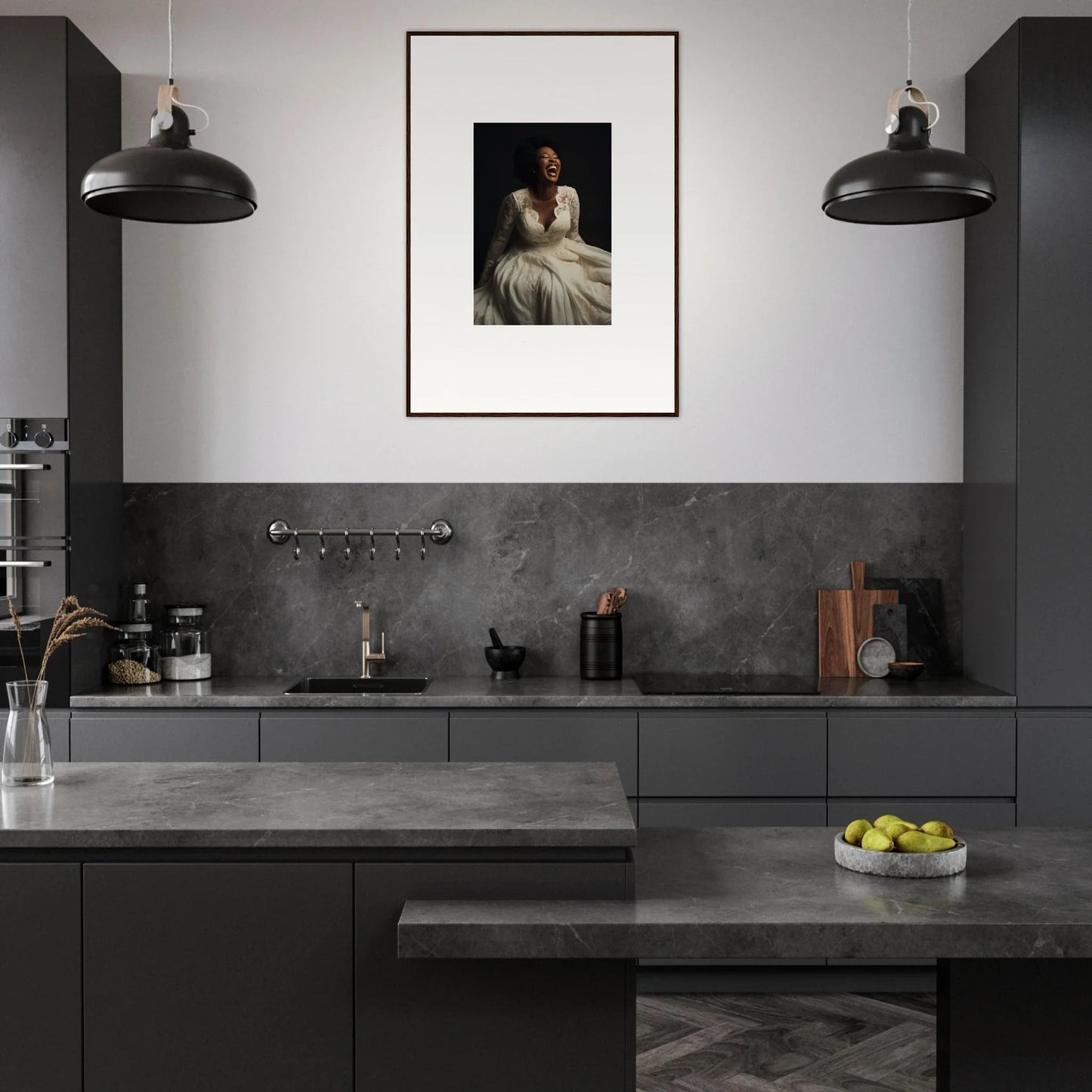 Modern dark gray kitchen with industrial lights and Luminescent Joy Echoes wall art