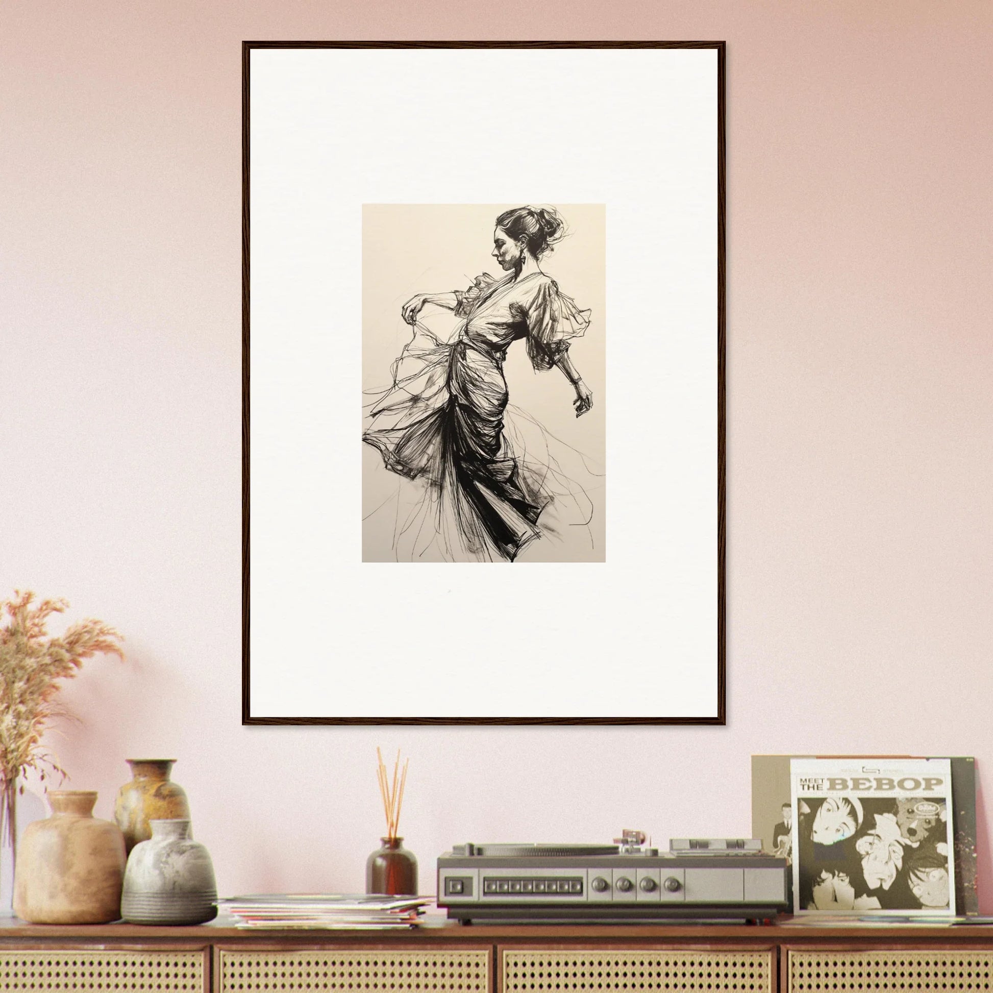 Framed vintage sketch of a dancer in a Victorian dress for Midnight Dance Whispers