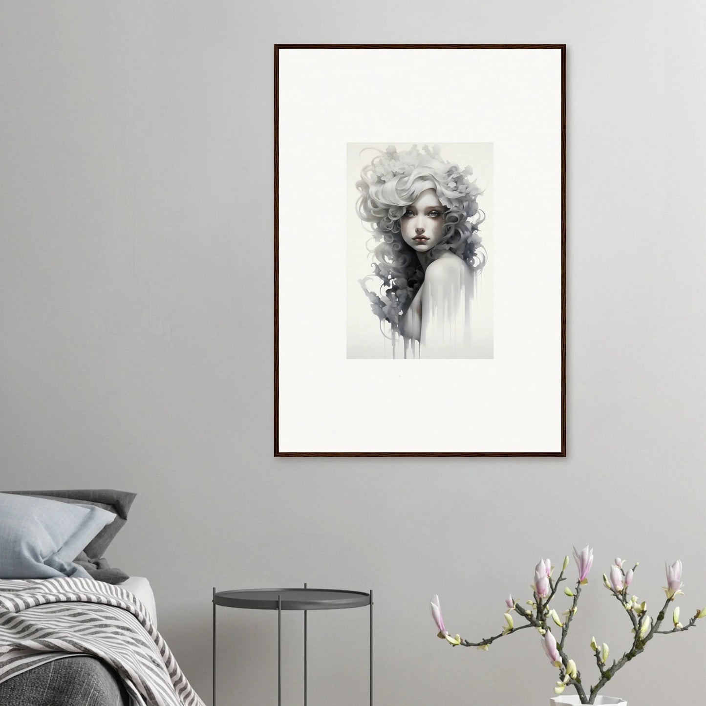 Framed black and white portrait of Visions Veil Morphling with flowing hair and soft features