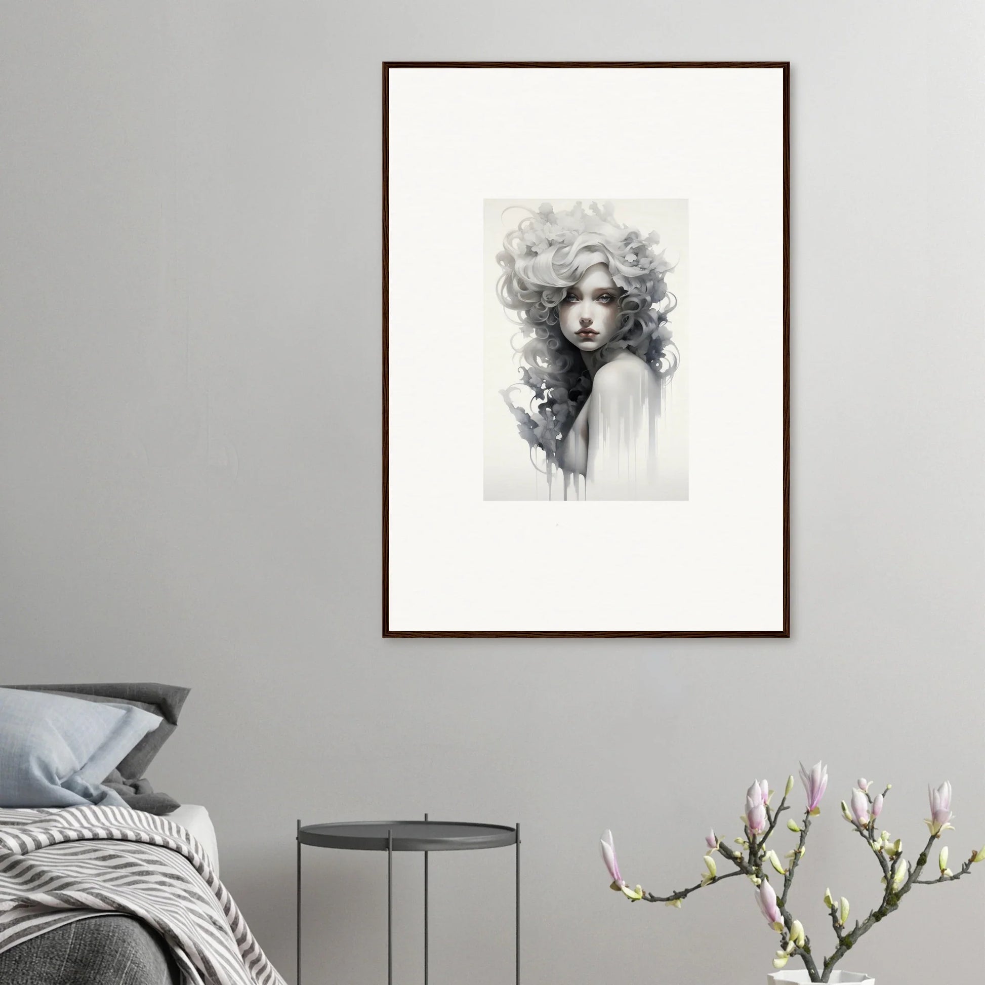 Framed black and white portrait of Visions Veil Morphling with flowing hair and soft features