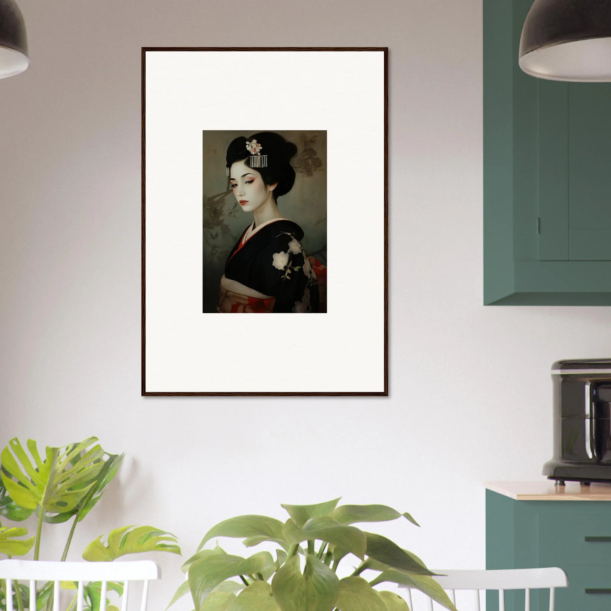 Framed wall art of a Geisha in Cherry Dream Surrealism style, perfect for decor