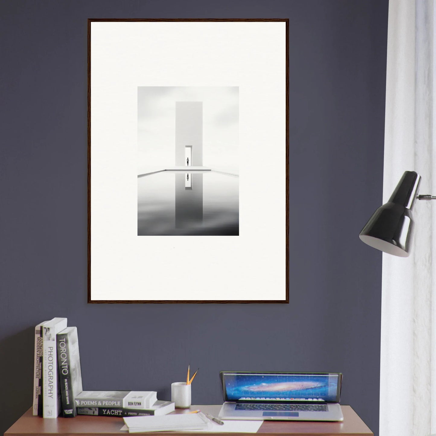 Framed black and white minimalist art of a lighthouse in water for Dreamer’s Vanishing Silhouette