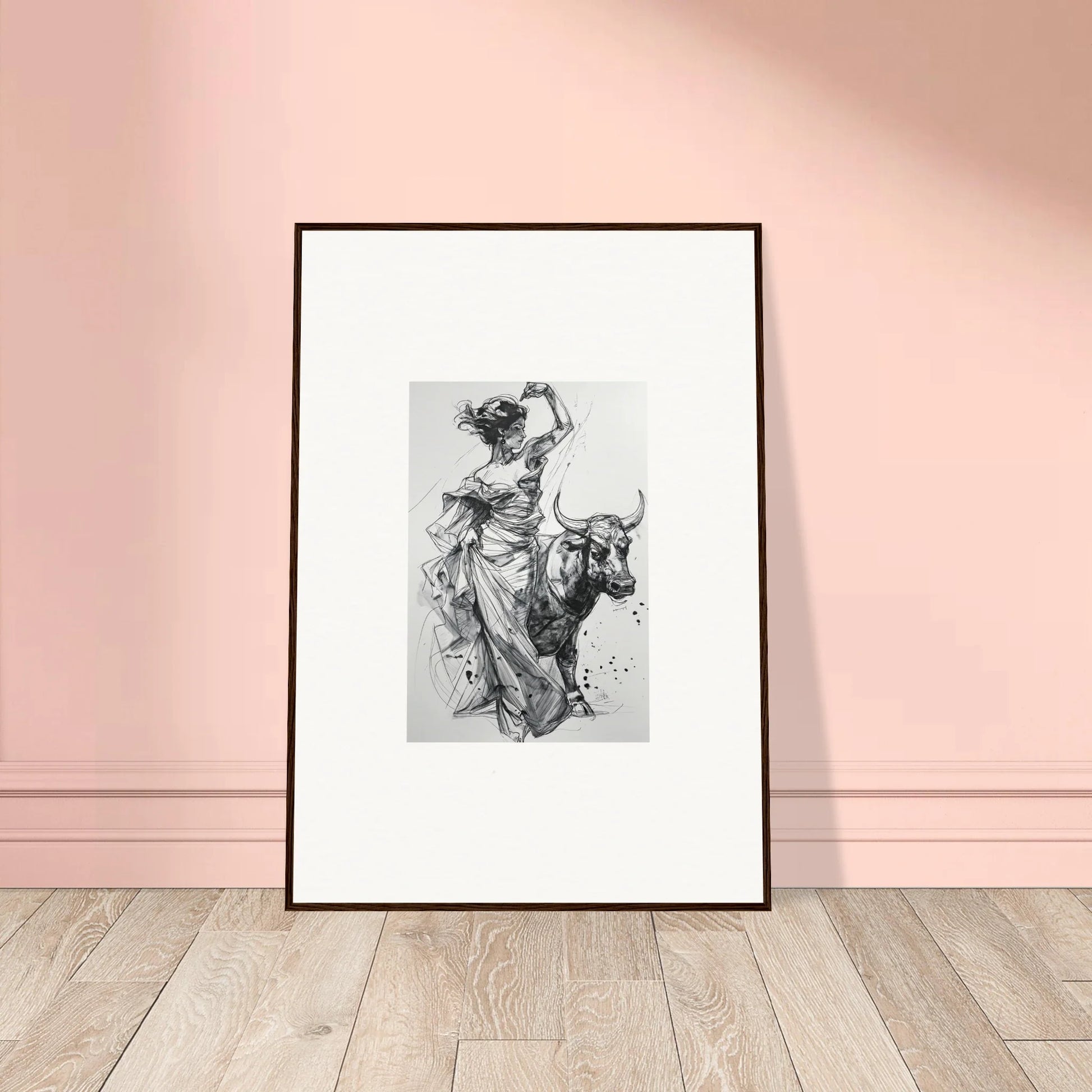 Framed black and white sketch of a matador and bull from Tauripe Mystique Visions