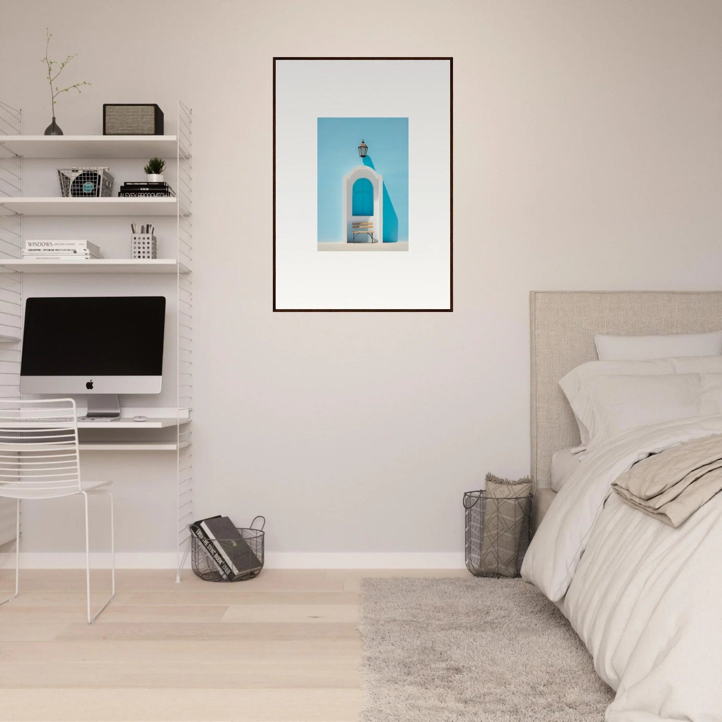 Framed wall art of a white bell tower in the Ethereal Mediterranean Pause design