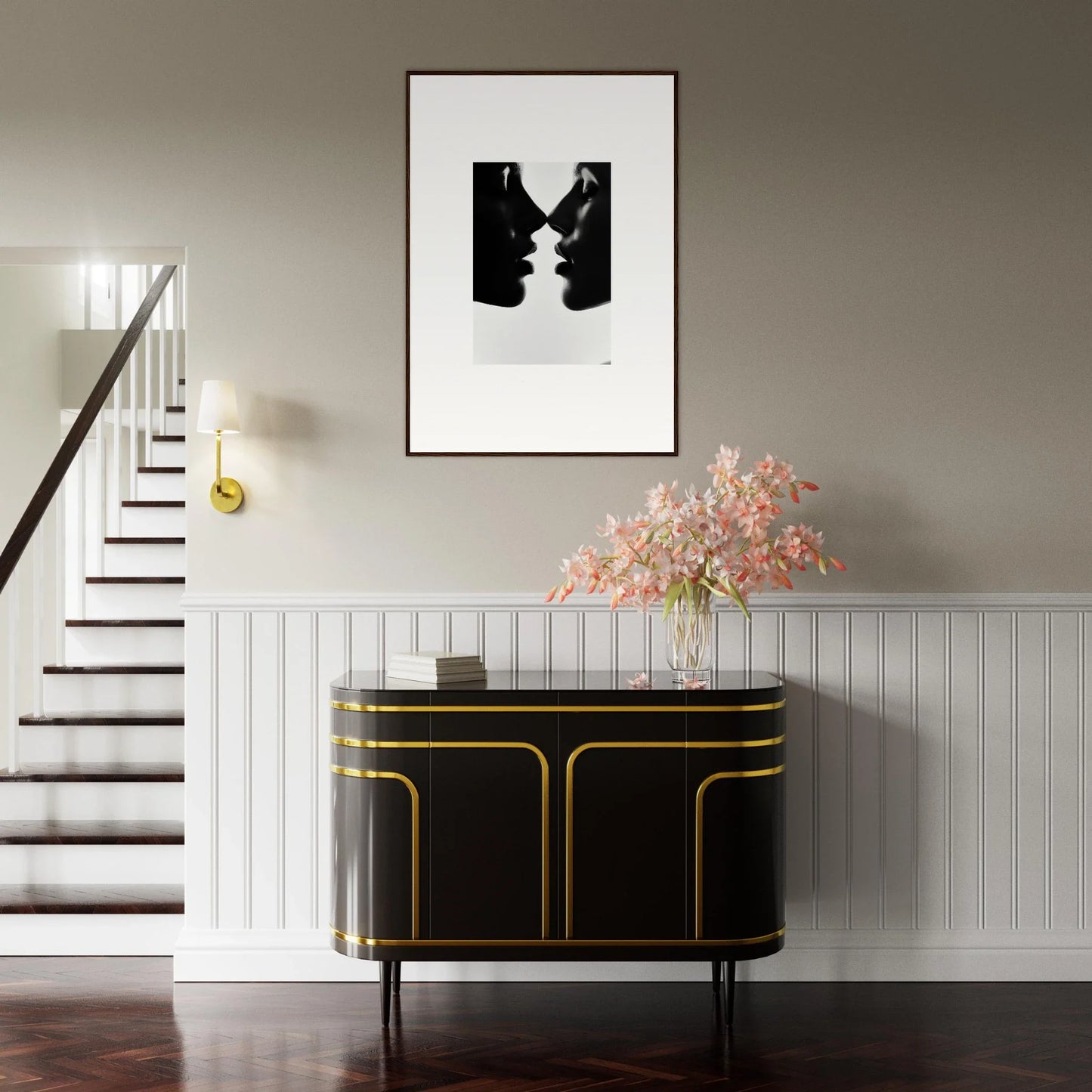 Sleek Black Credenza with Gold Trim and Curved Edges from Whispers Kiss Universes