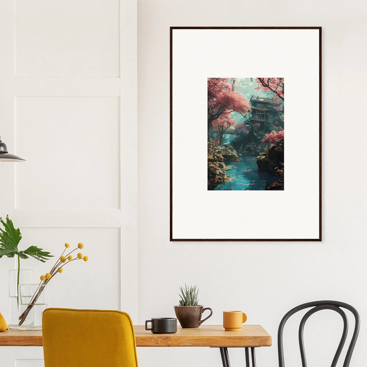 Framed wall art of a Japanese pagoda with cherry blossoms by a turquoise river in Magenta Spirals Oscillate