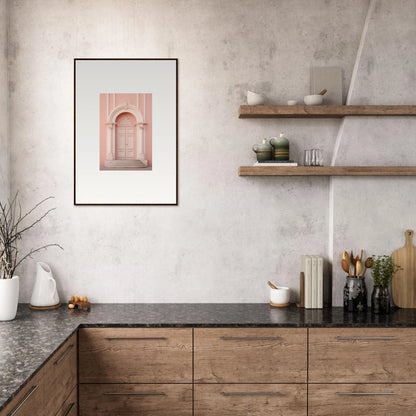 Modern kitchen featuring wooden base cabinets and dark stone countertops in Petal Whispers Portal