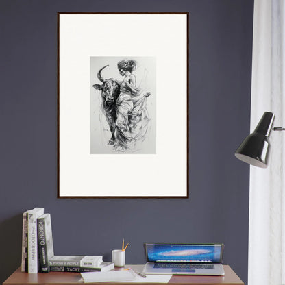 Framed black and white art of a bullfighter and bull from Marvelous Taurine Serenade