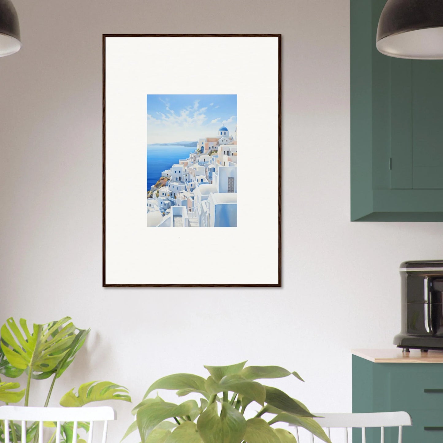 Framed wall art of Santorini in Elysian Horizon Vortex with blue domes and bright sea