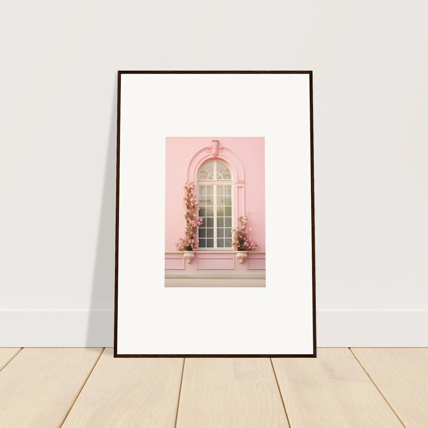 Framed art print of a pink window with vines from the Vitalose Rose Sonnet collection