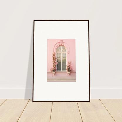 Framed art print of a pink window with vines from the Vitalose Rose Sonnet collection