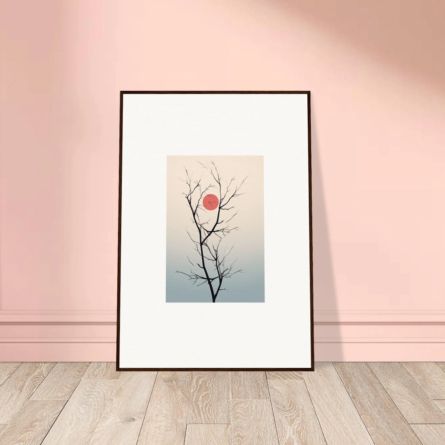 Minimalist wall art of bare tree branches with a red sun for serene eclipse room decoration