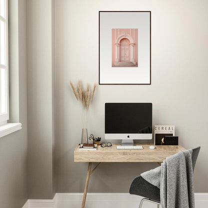 Minimalist wooden desk with iMac and Petal Whispers Portal premium framed wall art