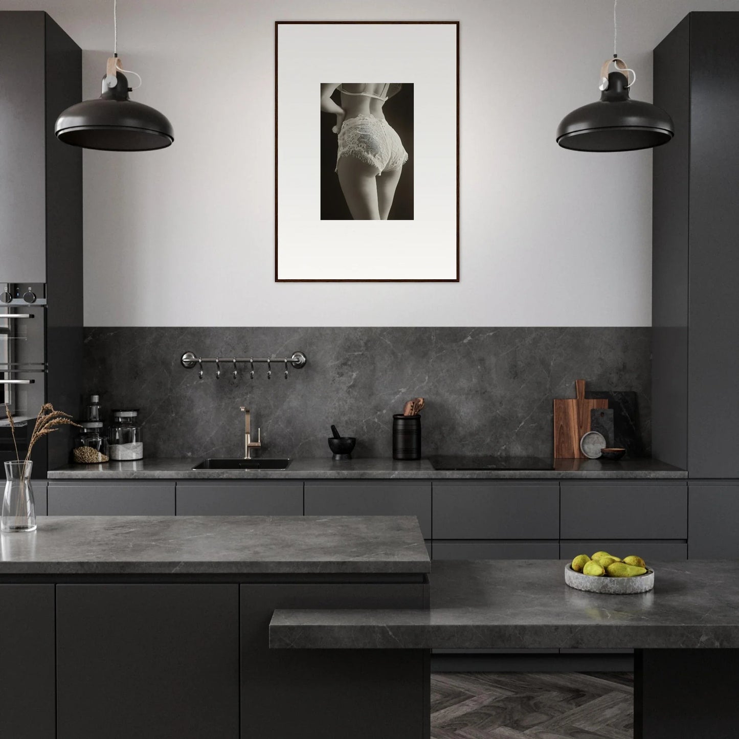 Modern kitchen featuring dark gray cabinets, stunning wall art, and sleek countertops