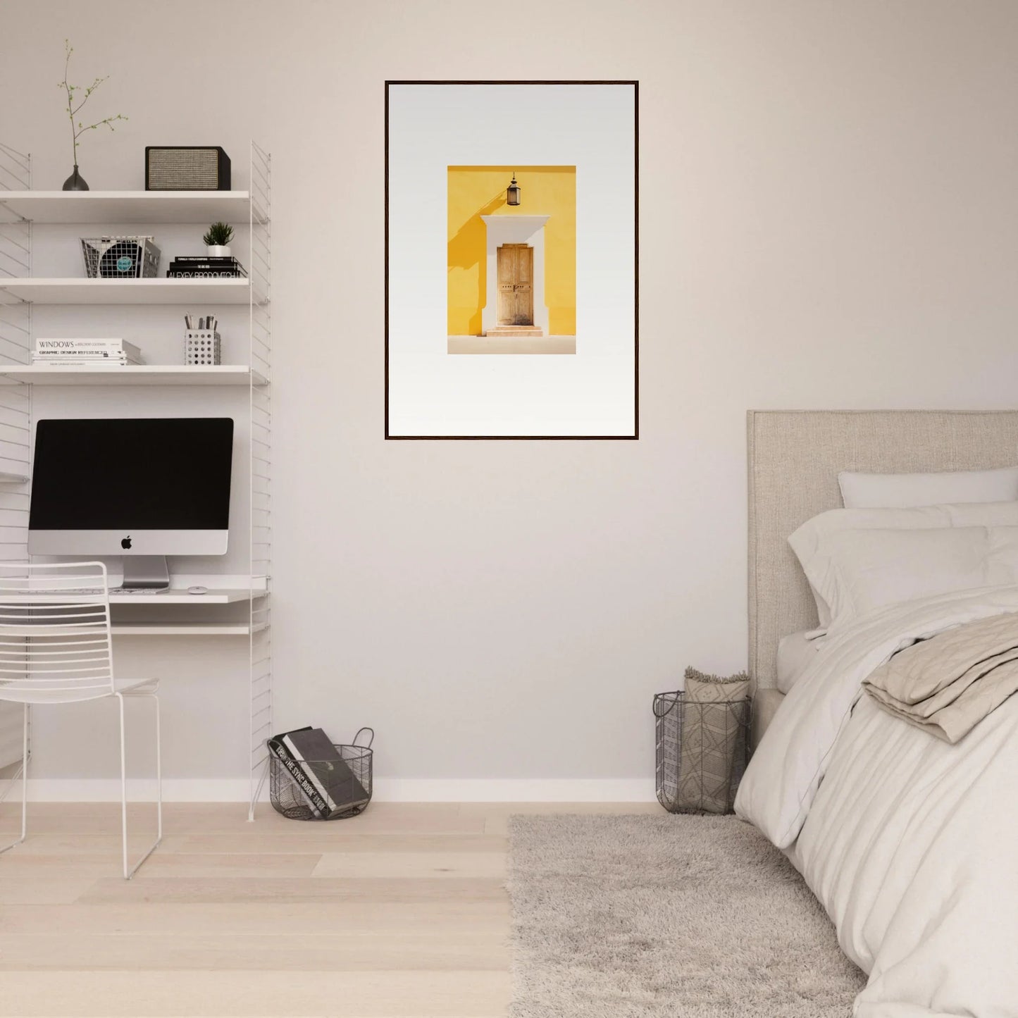 Minimalist bedroom featuring Golden Hue Portal, iMac workstation, and framed wall art