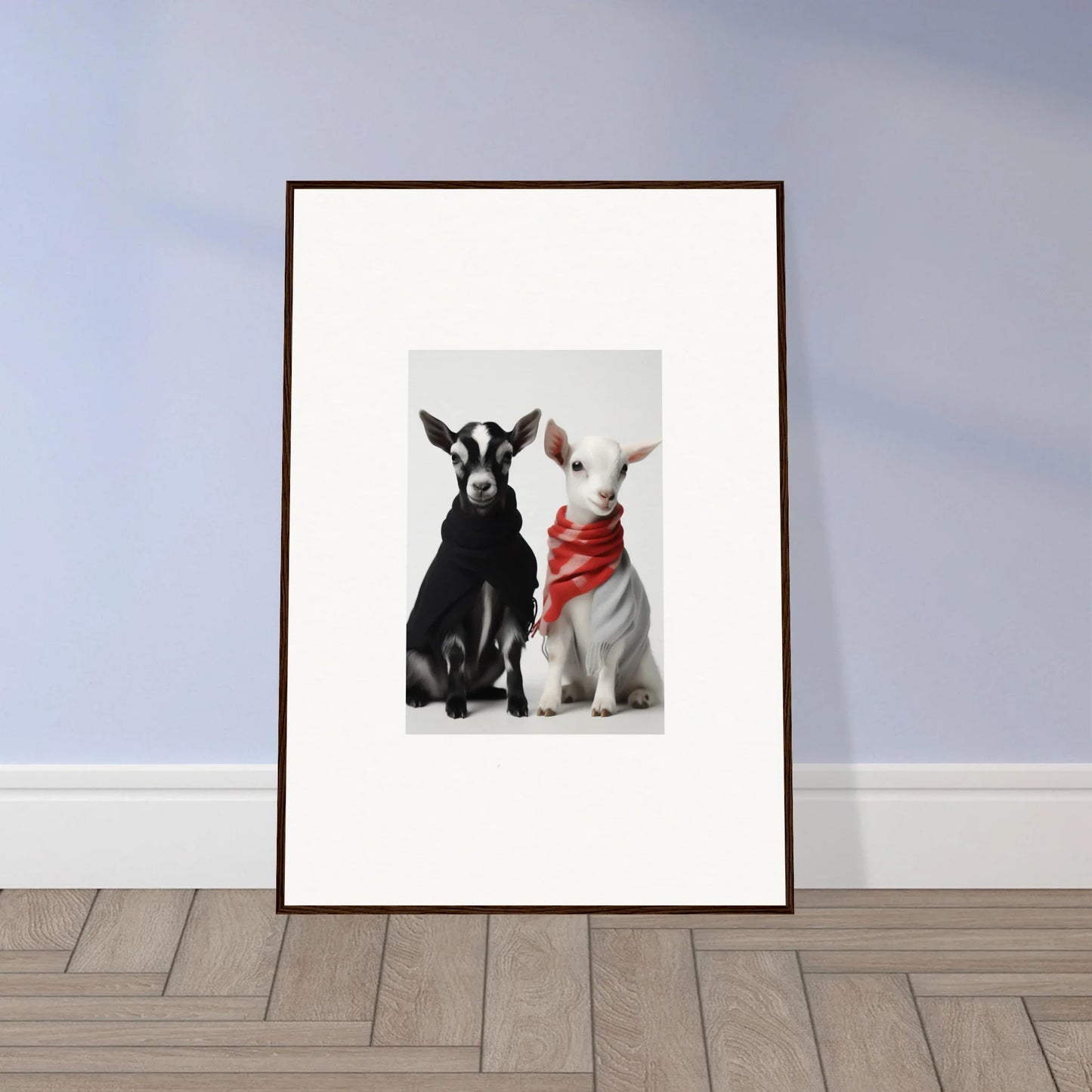 Framed wall art of two dogs in Rainbow Twin Dreams with stylish red bandanas