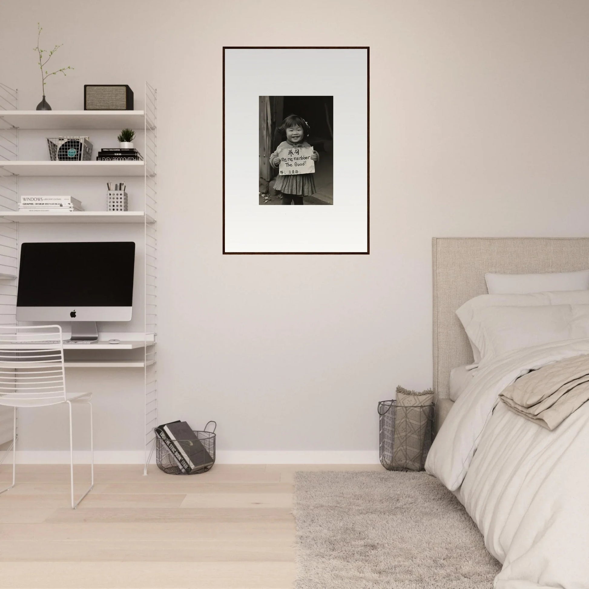 Minimalist bedroom with Ephemeral Joy Imbibed framed wall art and iMac on white shelves