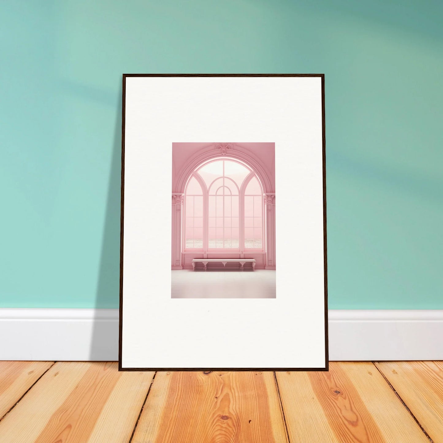 Framed wall art of Solitude’s Rosy Asana with a pink arched window and bench