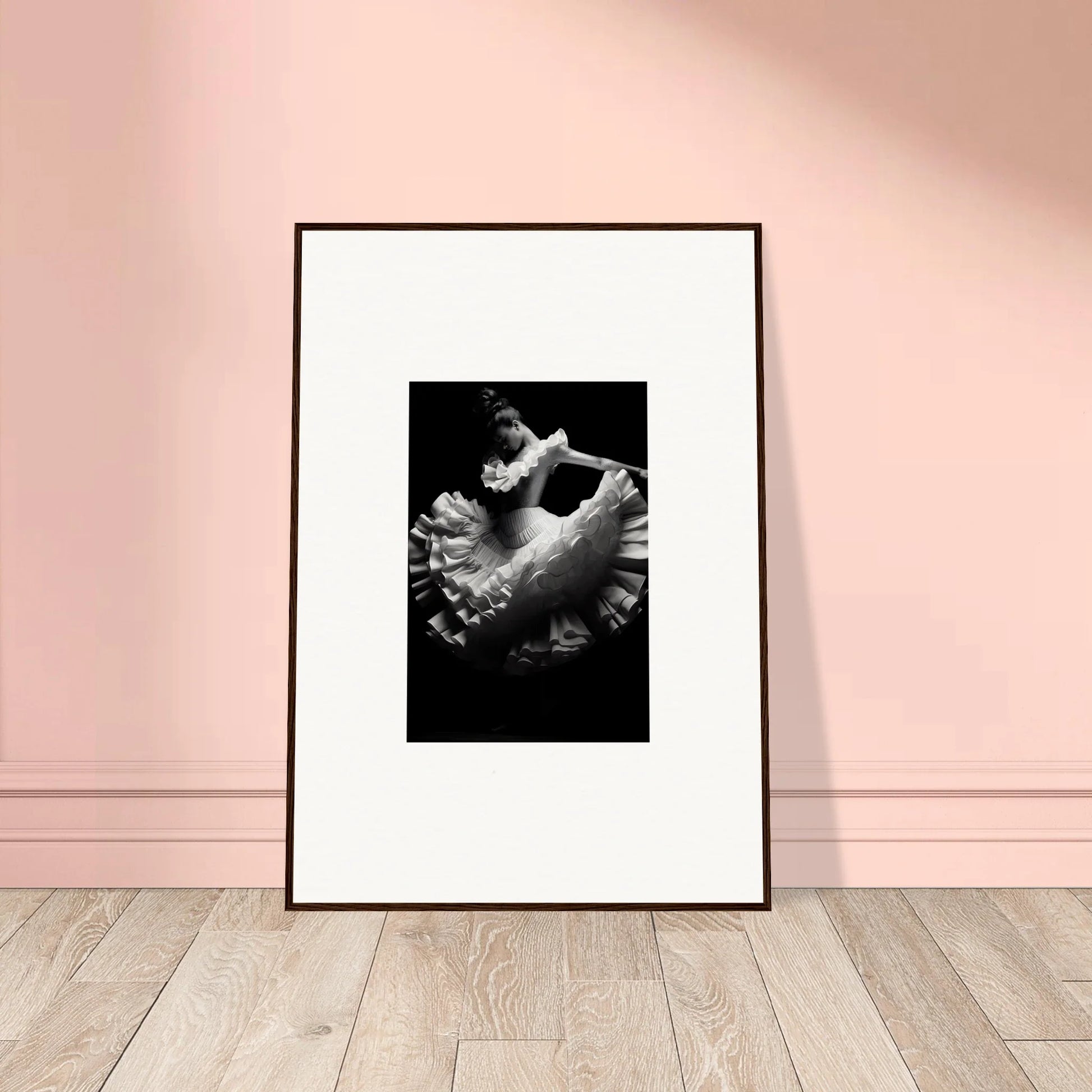 Black and white photo of a Swirled Dream Dancer in a tutu, premium framed wall art