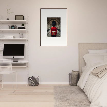 Minimalist bedroom in Scarlet Temporal Century with white shelves and framed wall art