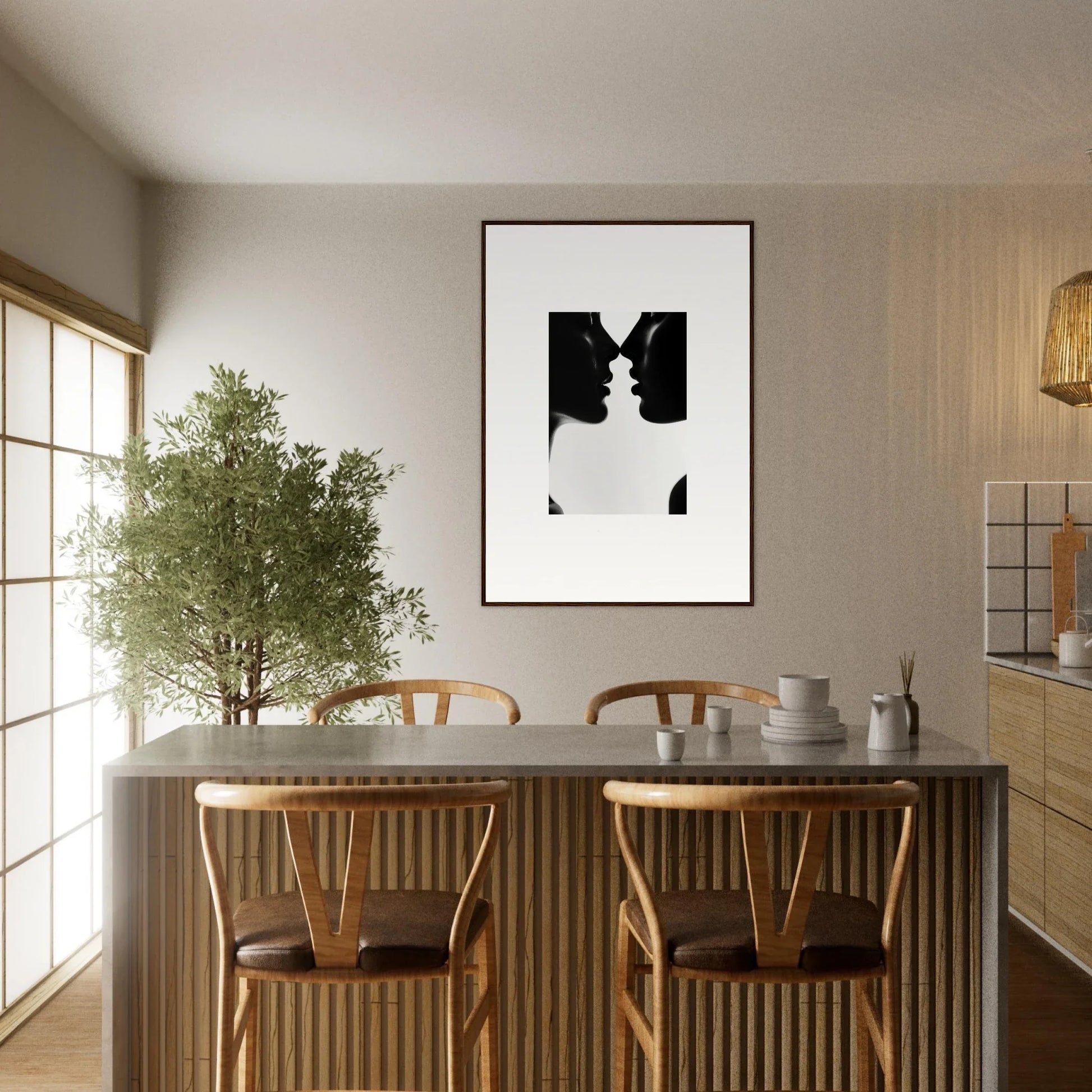 Modern dining area featuring Whispers Shadowdance Serenaa with a concrete table and wooden chairs