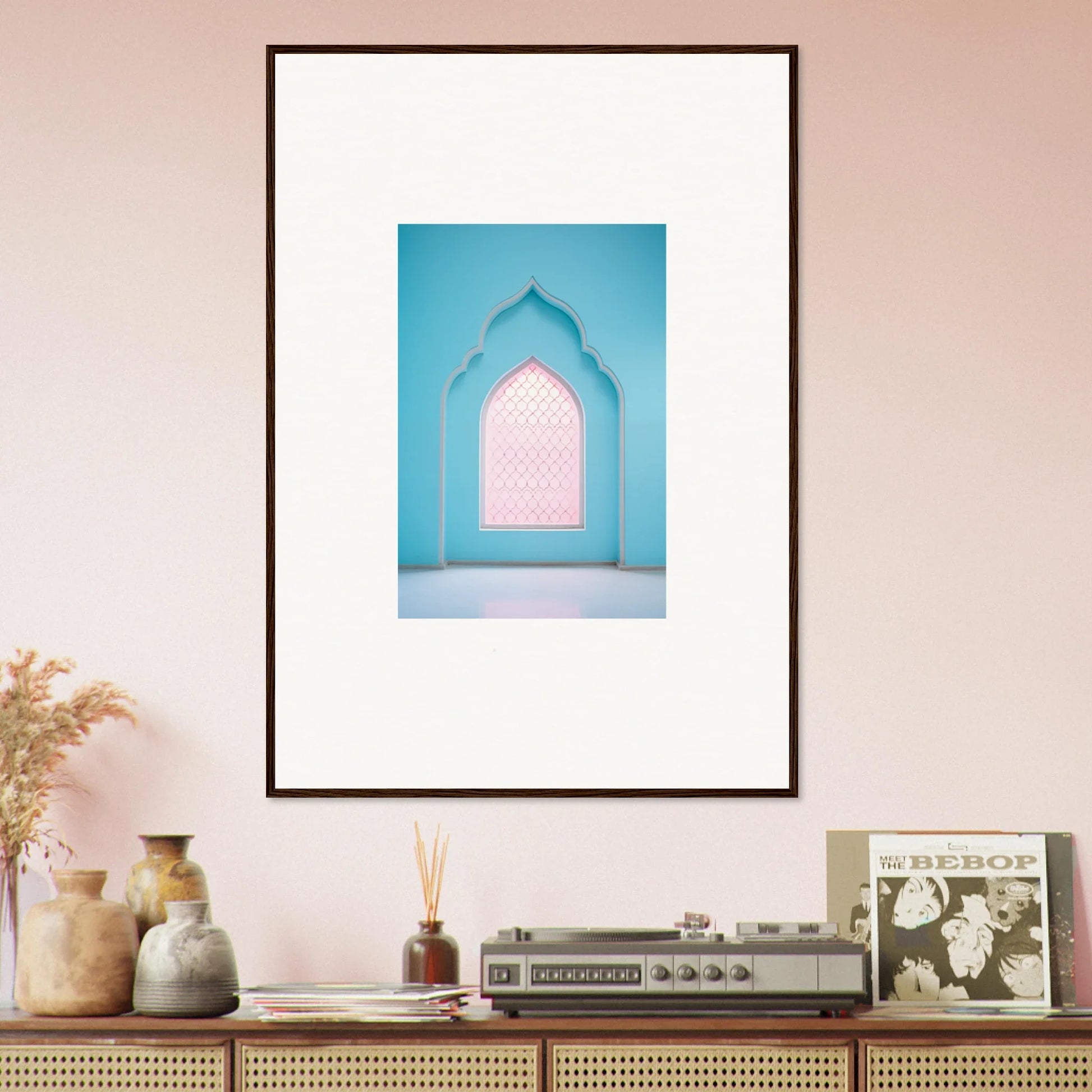 Framed art print of a pastel blue archway with a pink window from Souls Diffilveres Critfilters