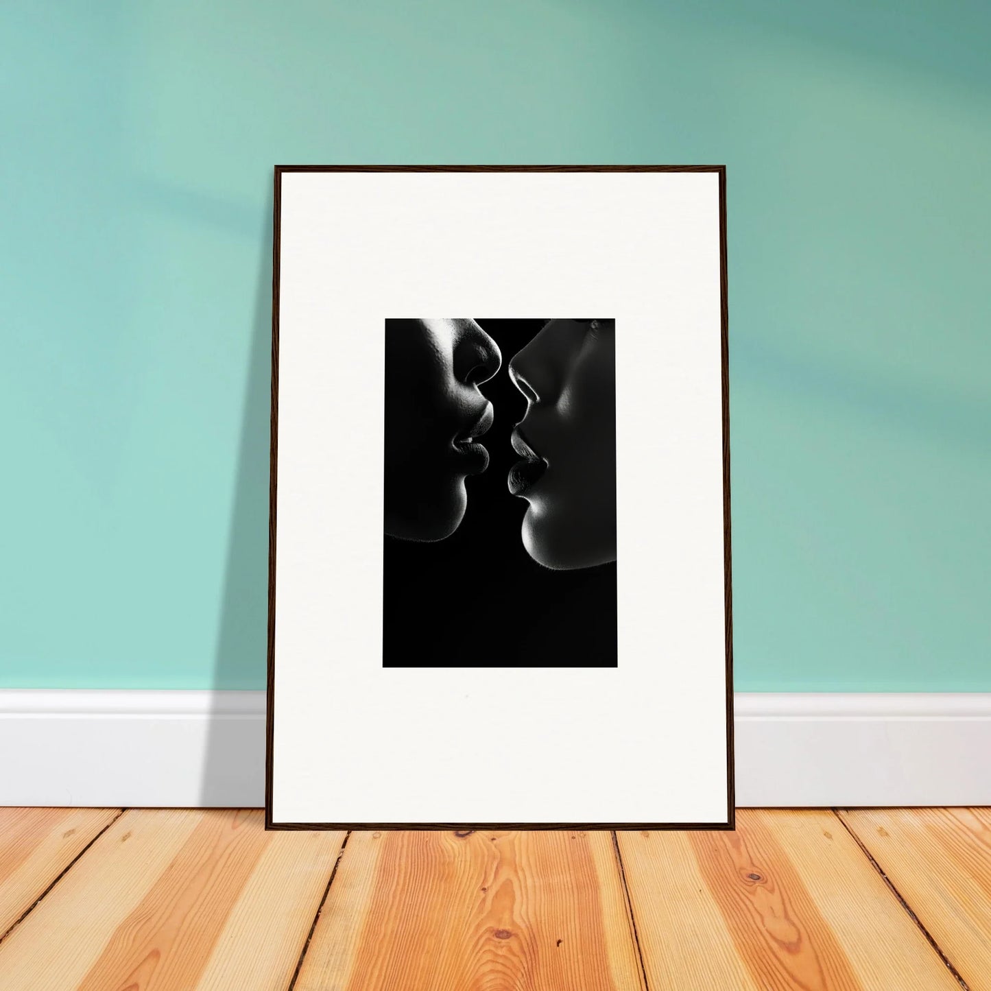 Framed wall art of two silhouetted profiles in Midnight Kiss Darkness special edition