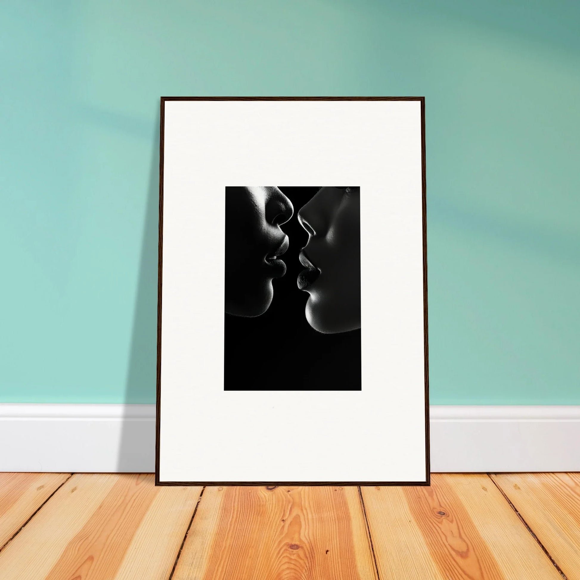 Framed wall art of two silhouetted profiles in Midnight Kiss Darkness special edition