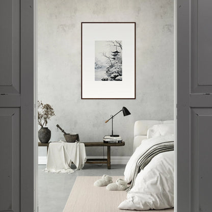 Minimalist bedroom with gray and white decor, featuring Twilight Rebirth Narrative art