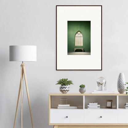 Framed artwork of a gothic church window with bench for Evermind Greenthaum Premium