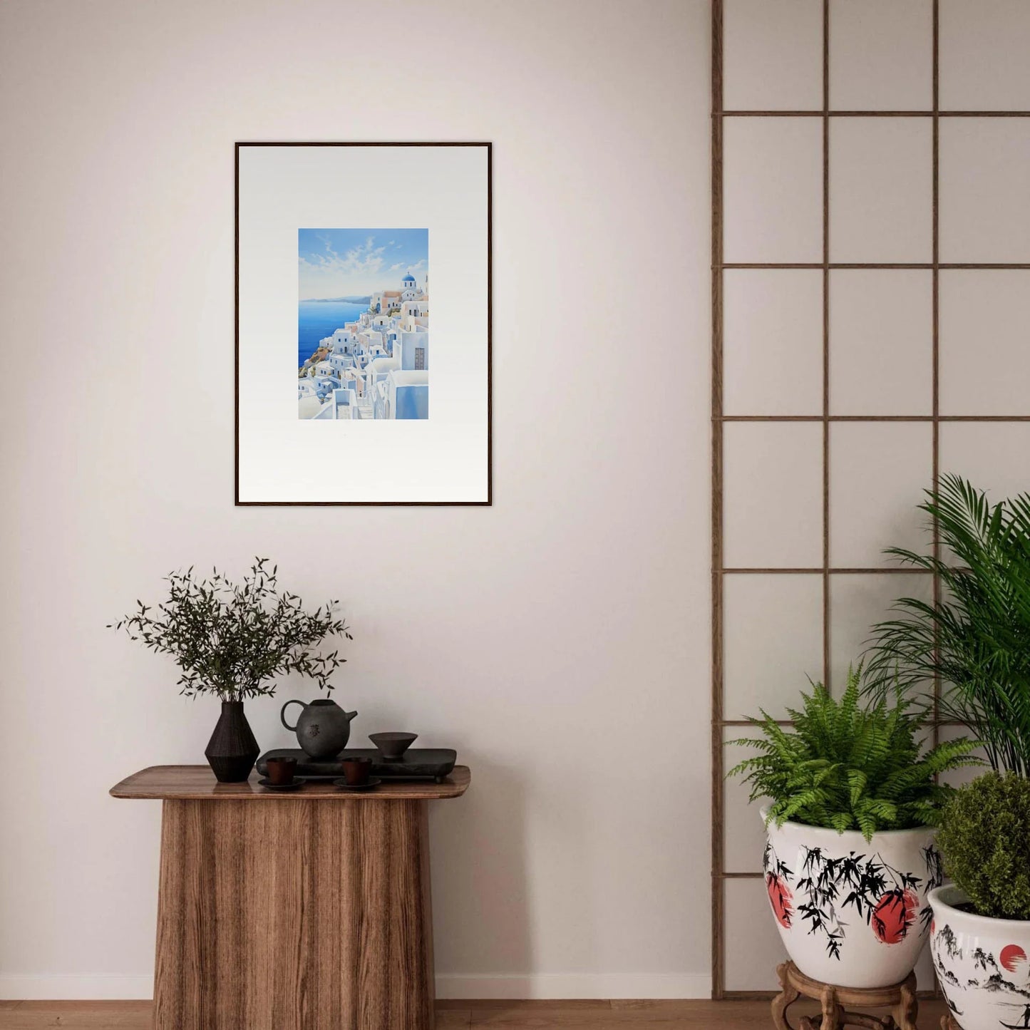 Framed wall art of Santorini’s white buildings in Elysian Horizon Vortex style