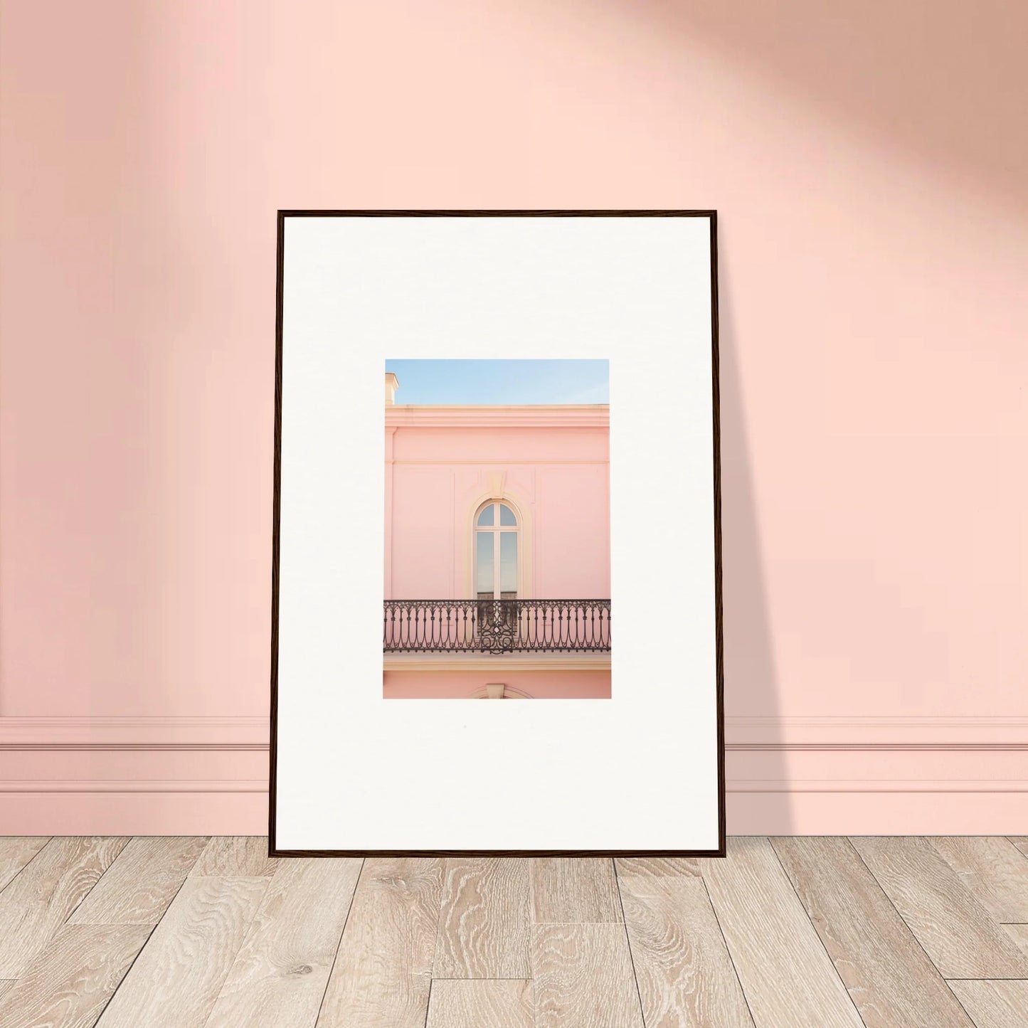 Framed wall art of a pink balcony with cross window in Peach Tranquil Portal style