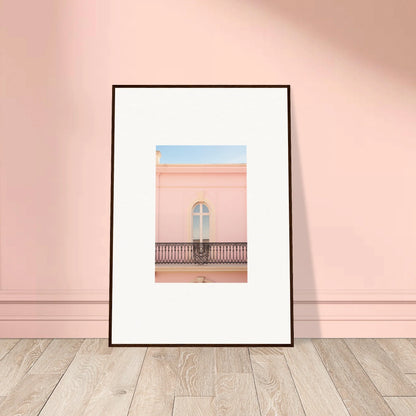 Framed wall art of a pink balcony with cross window in Peach Tranquil Portal style