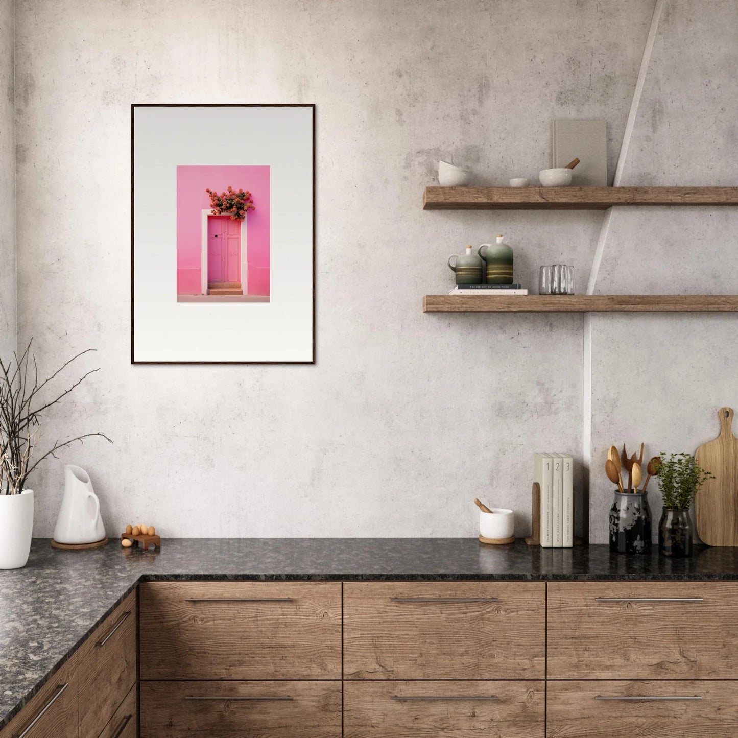 Modern kitchen featuring Quantum Pink Serenade with wooden cabinets and floating shelves