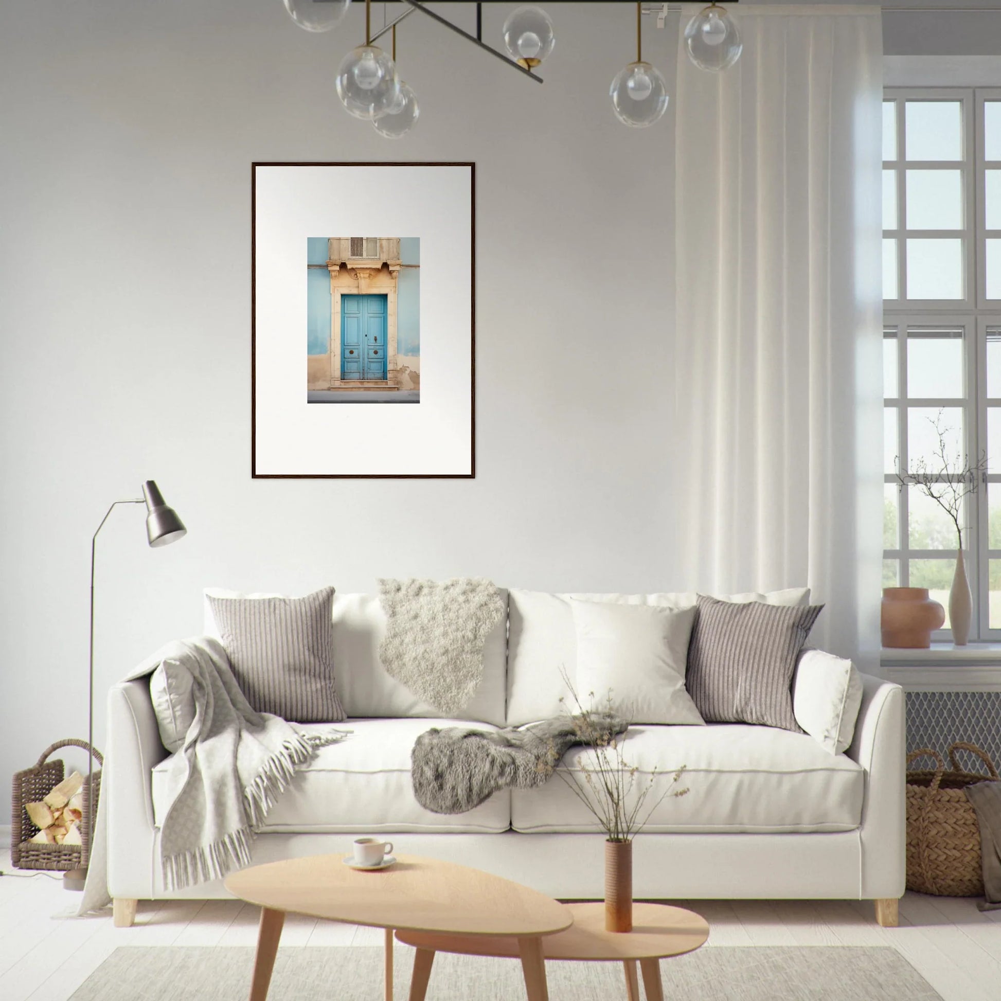 White sofa with gray and cream pillows in the Ephemeral Dreamscape Doorway art