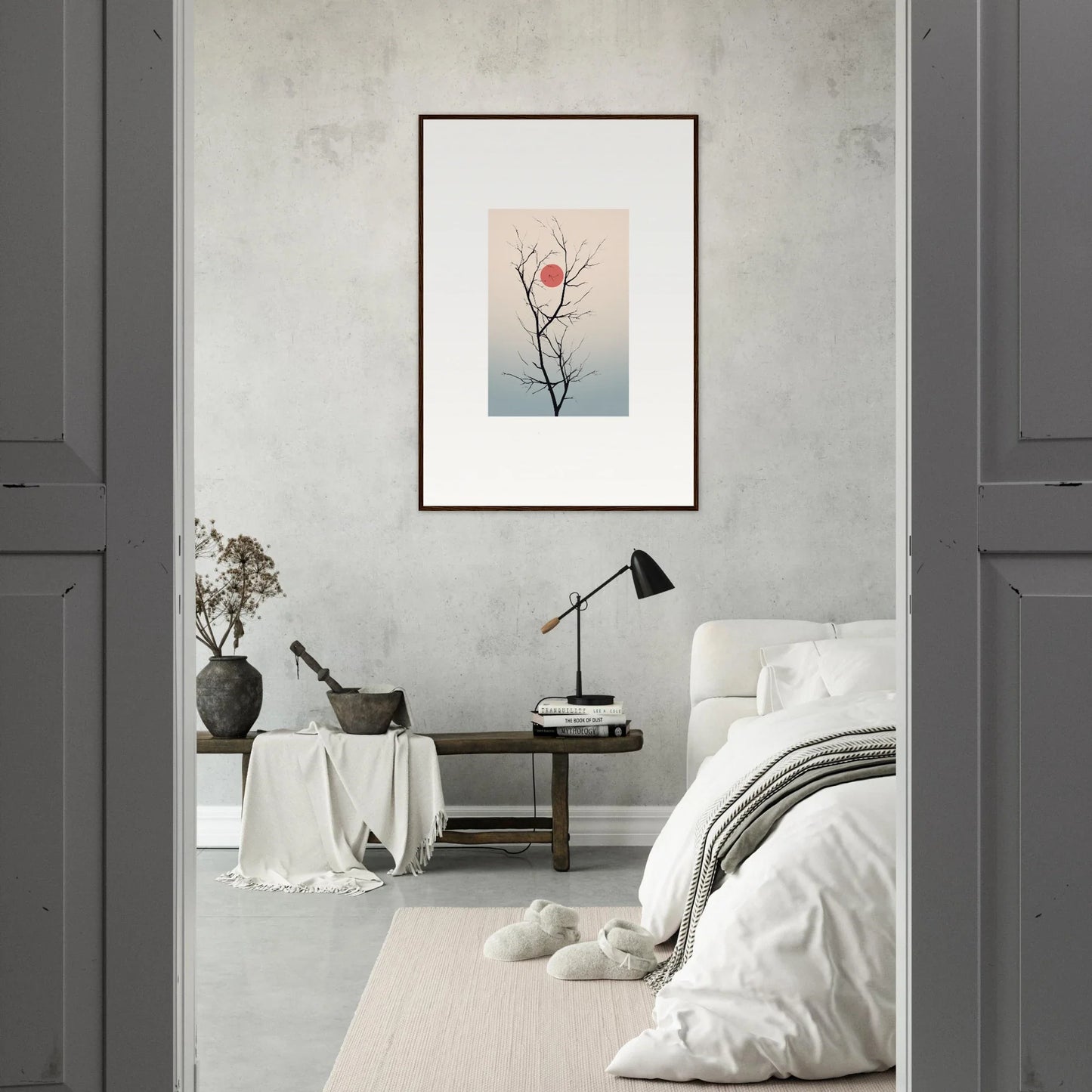 Framed minimalist wall art of a red bird on a branch for serene eclipse room decoration