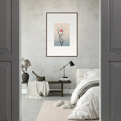 Framed minimalist wall art of a red bird on a branch for serene eclipse room decoration