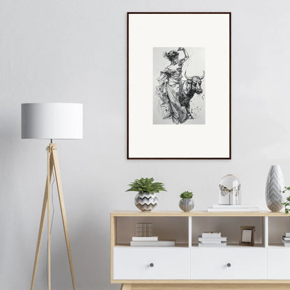 Framed black and white sketch of a figure on a bull from Tauripe Mystique Visions