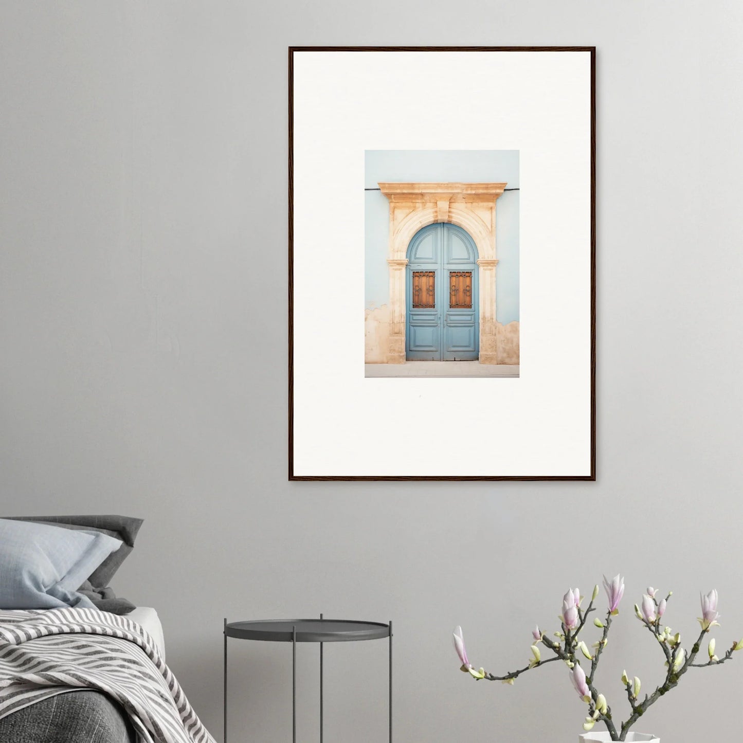 Framed poster of a pale peach archway and blue doors in special edition art™ style