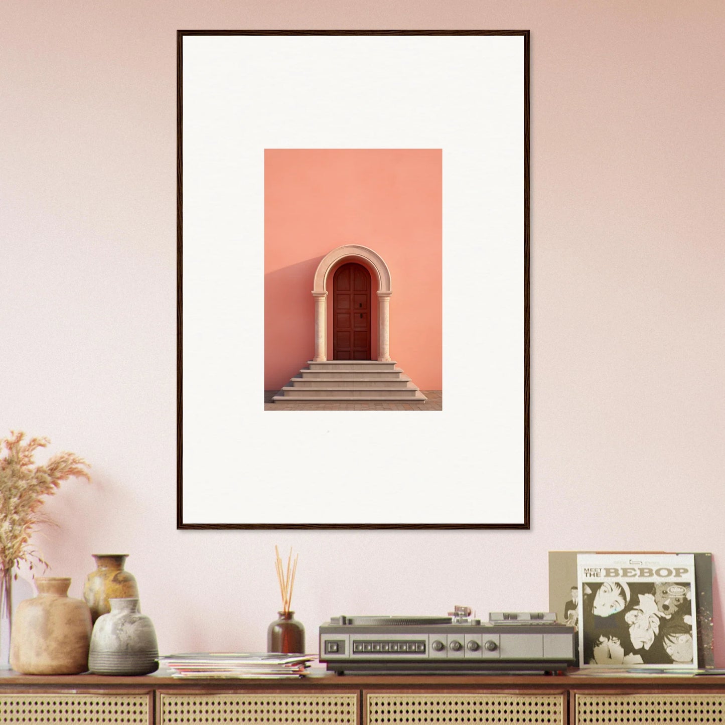 Framed art print of Ethereal Sunset Gateway with arched doorway and coral wall