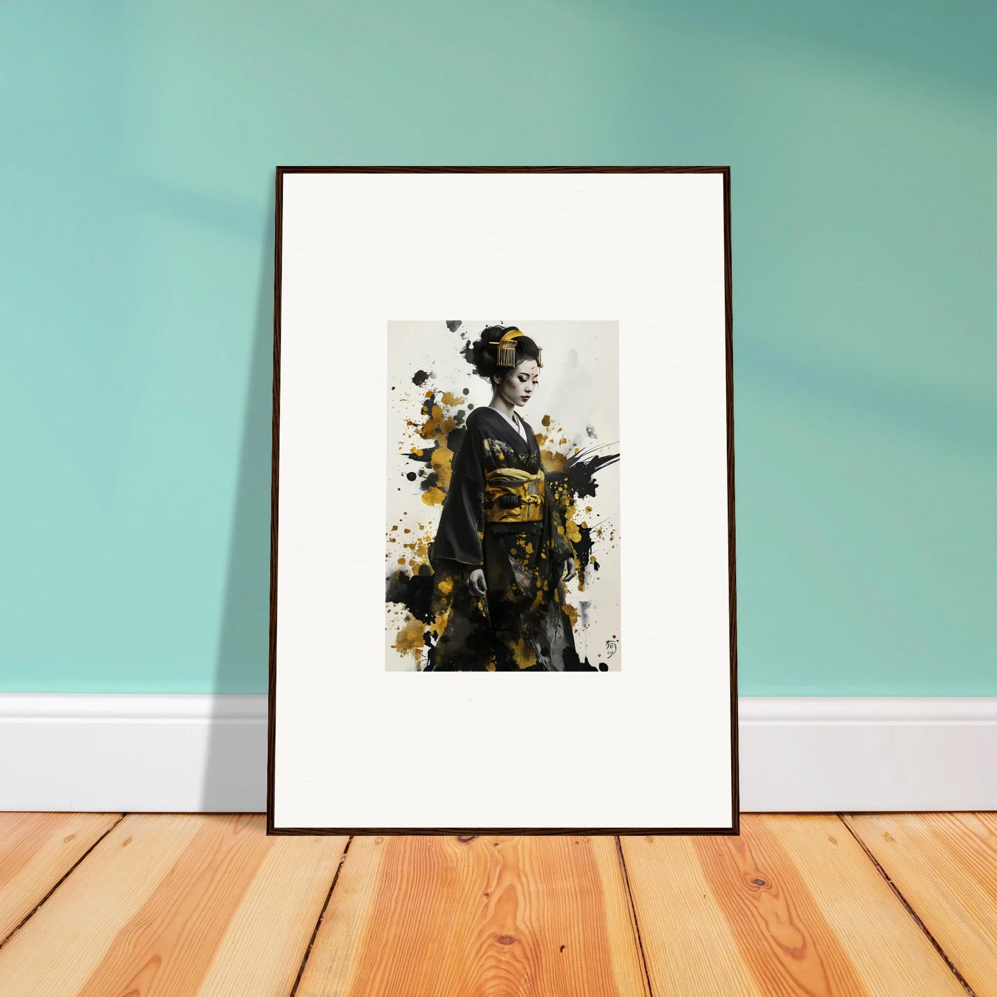 Framed artistic print ’Send of Echoes’ in black and gold abstract watercolor style