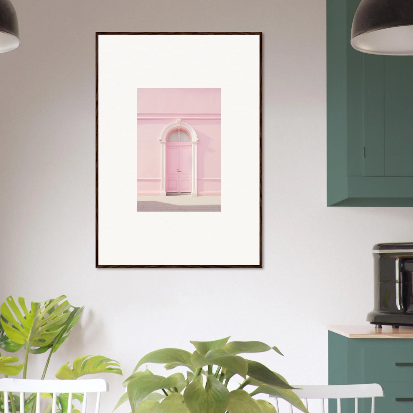 Framed wall art of a pink door with arched entrance in Pearly Baccarat Dream