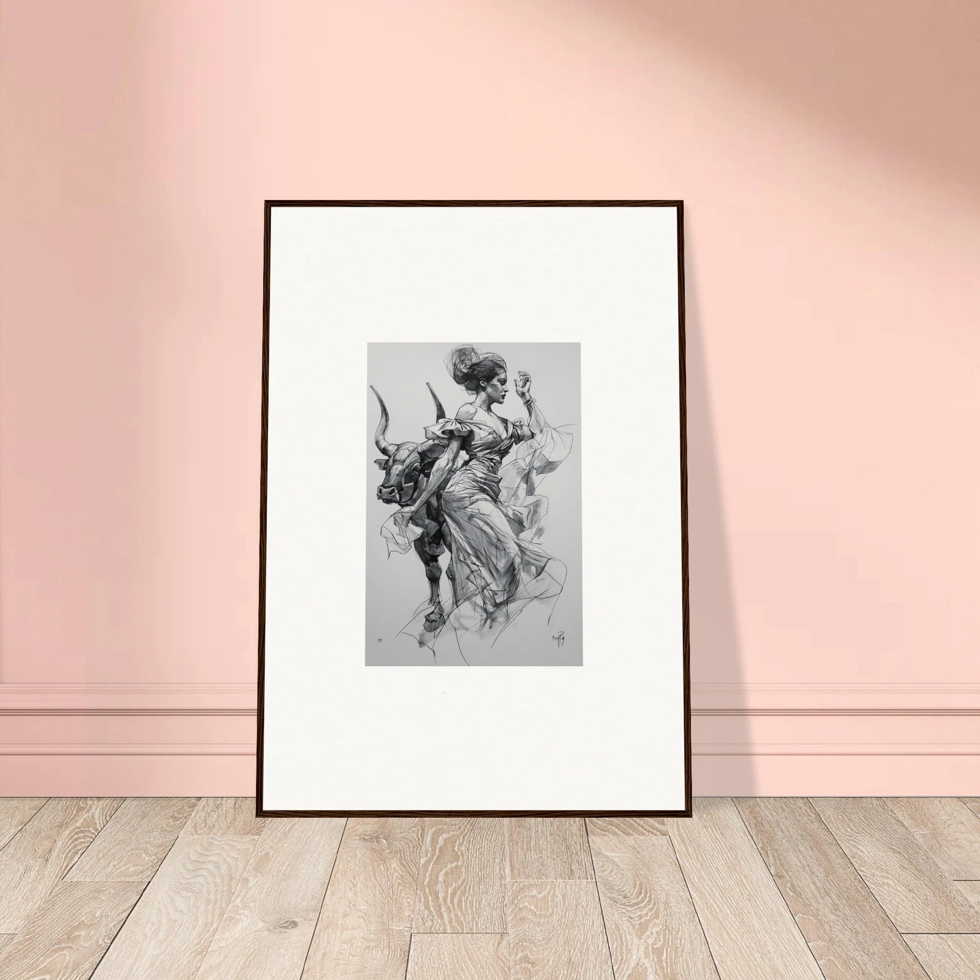 Framed wall art of classical sketch with donkey in Sirens Veil Matador special edition