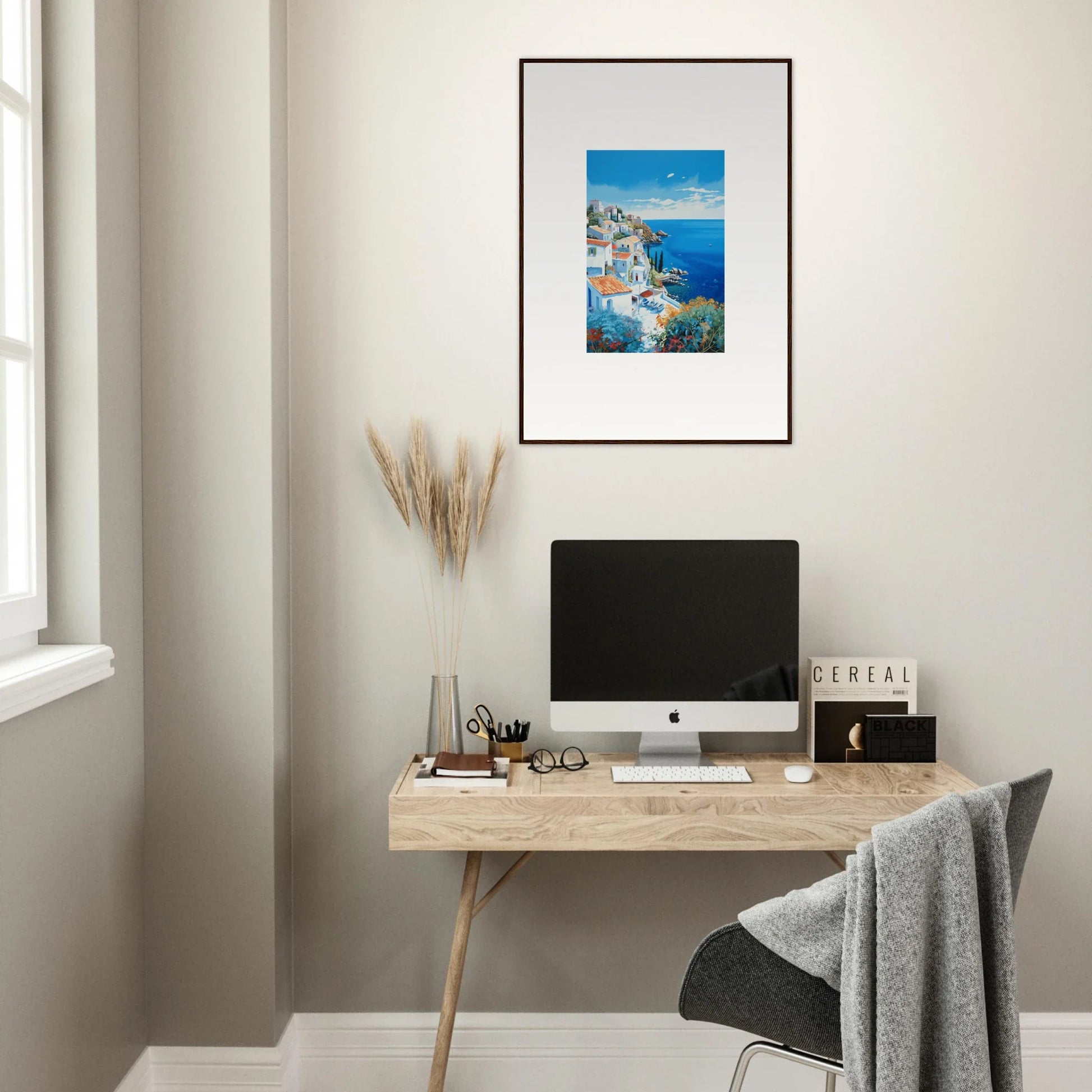 Minimalist wooden desk with iMac and Mediterranean artwork from Sunlit Dreamscape Promise