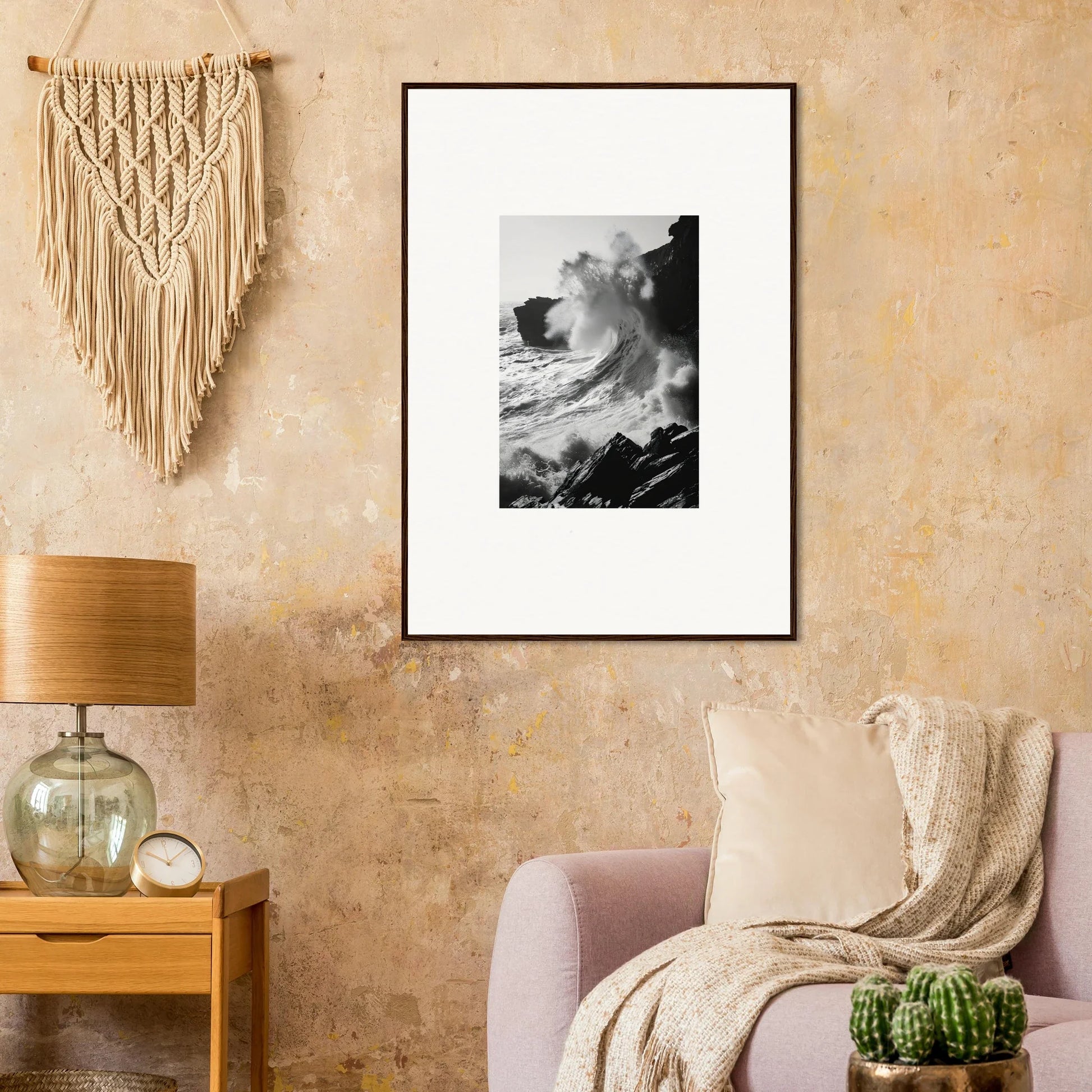 Black and white crashing waves art in a frame, perfect for the Incandescent Wave Tribute