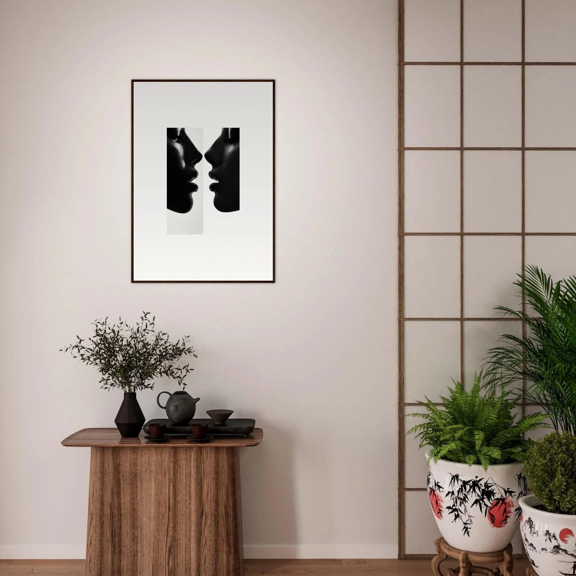 Black and white optical illusion art of faces in a vase from Liminal Echoes framed posters