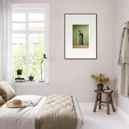 Minimalist bedroom with natural light featuring Verdant Illusion Sphere framed wall art