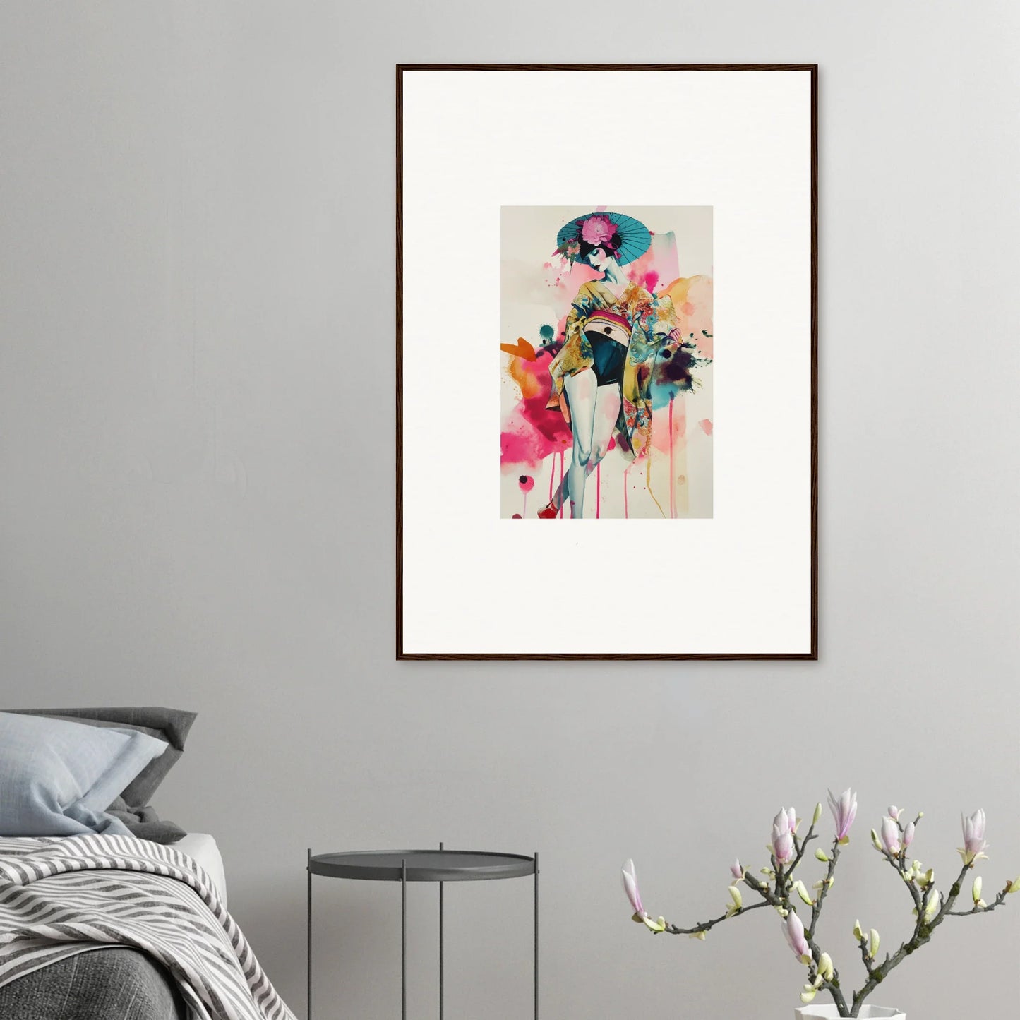 Framed abstract watercolor wall art featuring a vibrant stylized figure for room decoration