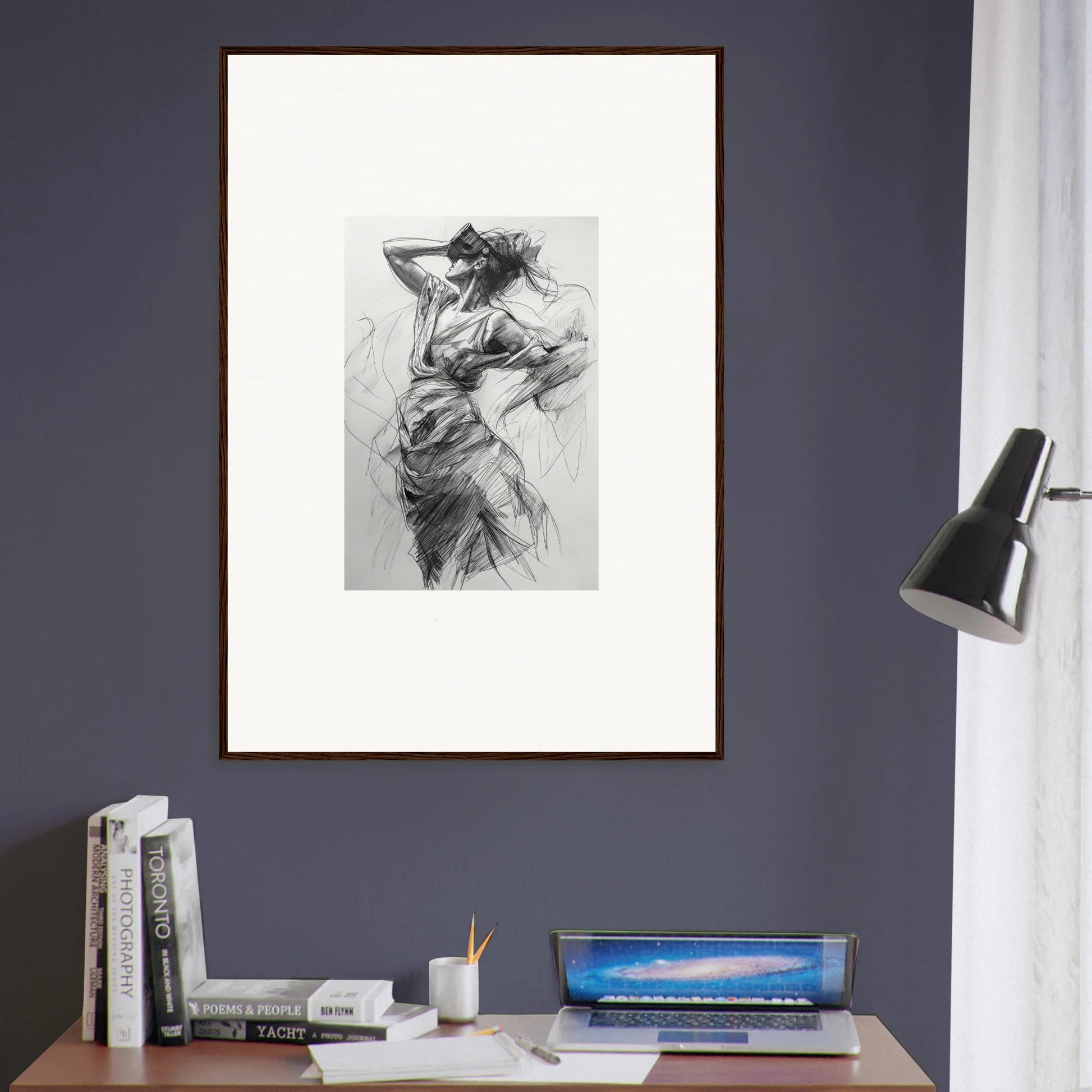 Framed black and white sketch of a dancer, perfect for Veiled Revisionist Muse decor