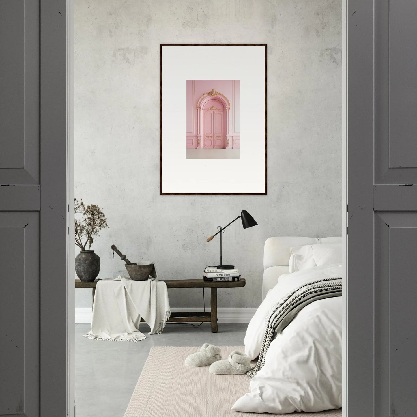 Framed pink doorway art in Paris Dreams Frame on a light gray wall, perfect for decor